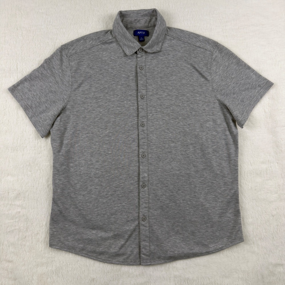 Apt. 9 Mens Large Gray Short Sleeve Button Down Jersey Knit Shirt Heathered L